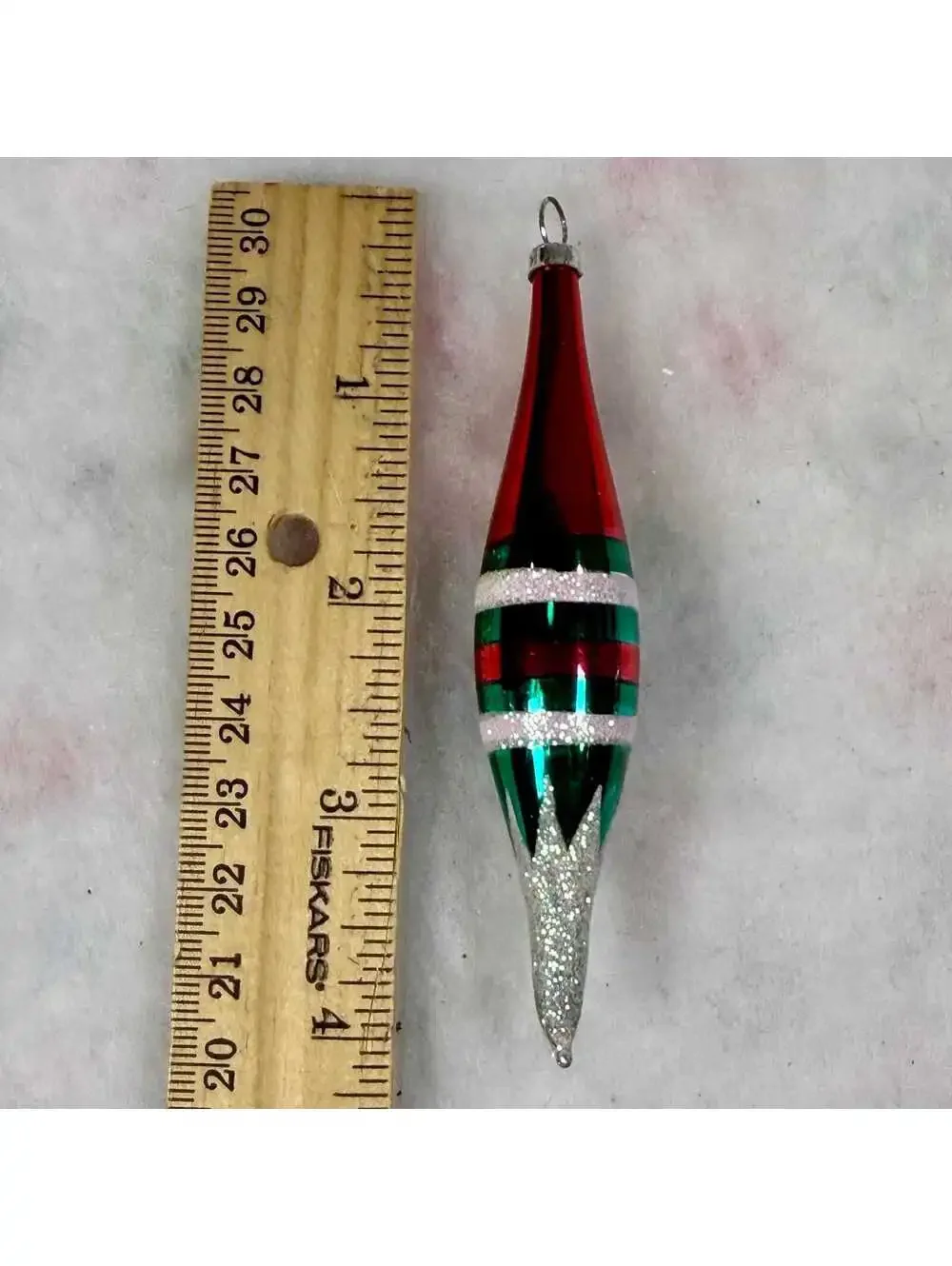 Blown Glass Long Tapered Ornaments - Striped Red, White, and Green - Set of 5